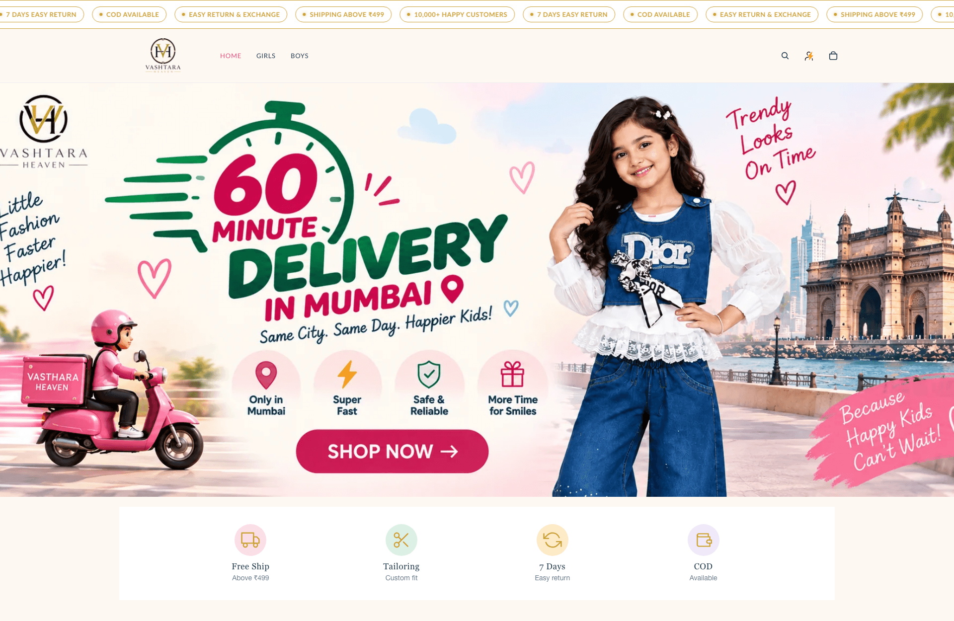 Vashtara Heaven — E-Commerce / Kidswear, homepage of the site we built