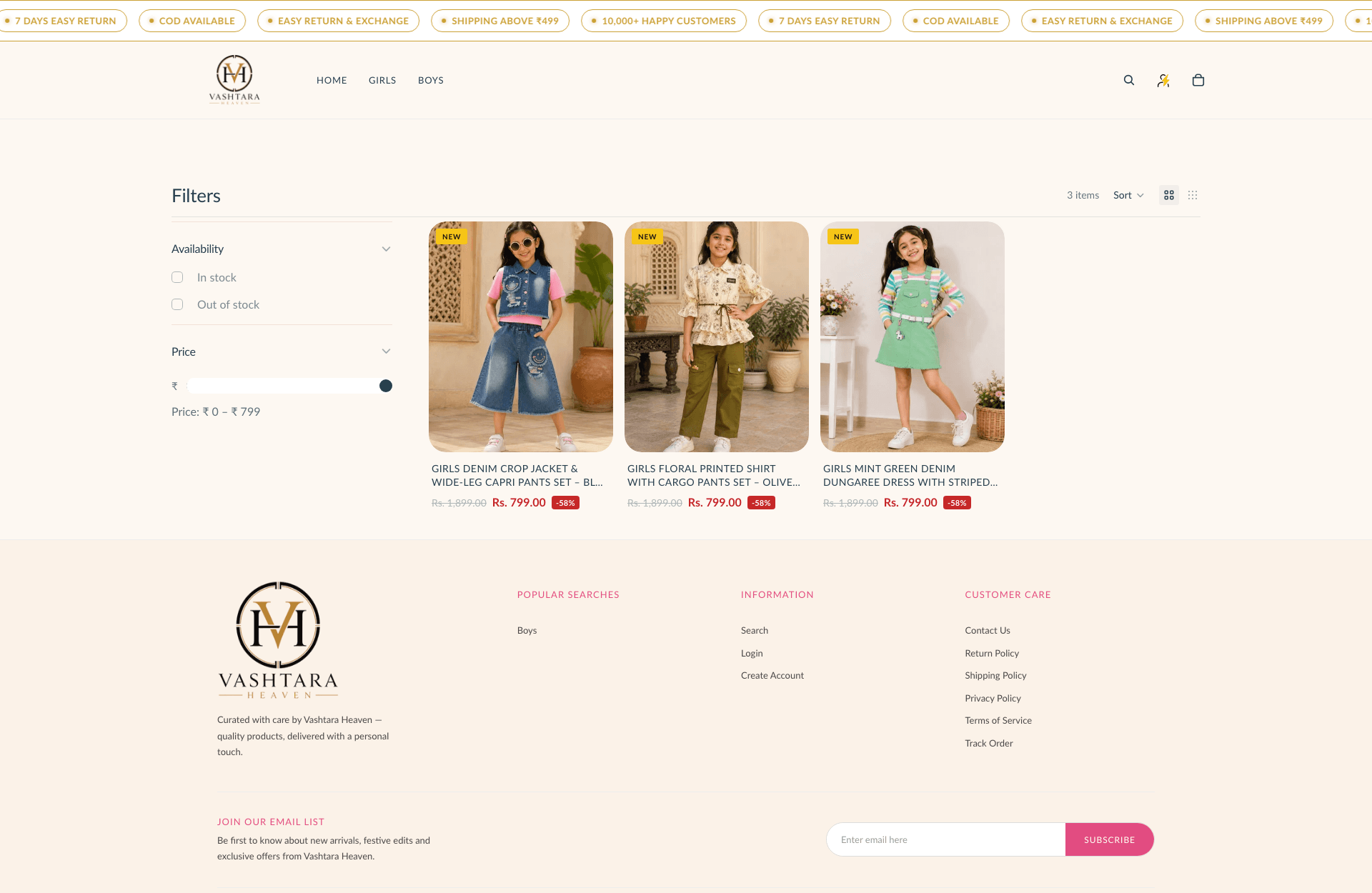 Vashtara Heaven — interface detail from the E-Commerce / Kidswear build