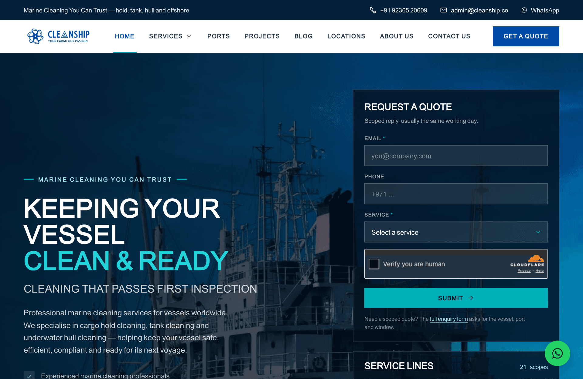 Cleanship — Marine Services / B2B, homepage of the site we built